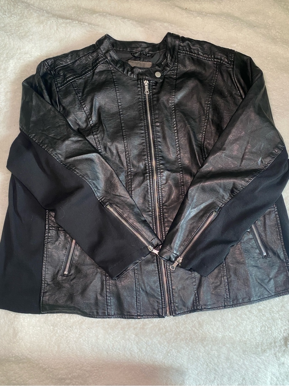 Maurices Black Faux Leather Jacket with Knit Sleeves